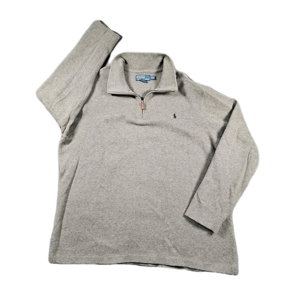 Polo by Ralph Lauren‎ Mens 2XL 1/4 Zip Sweater Heather Grey Cotton Green Pony